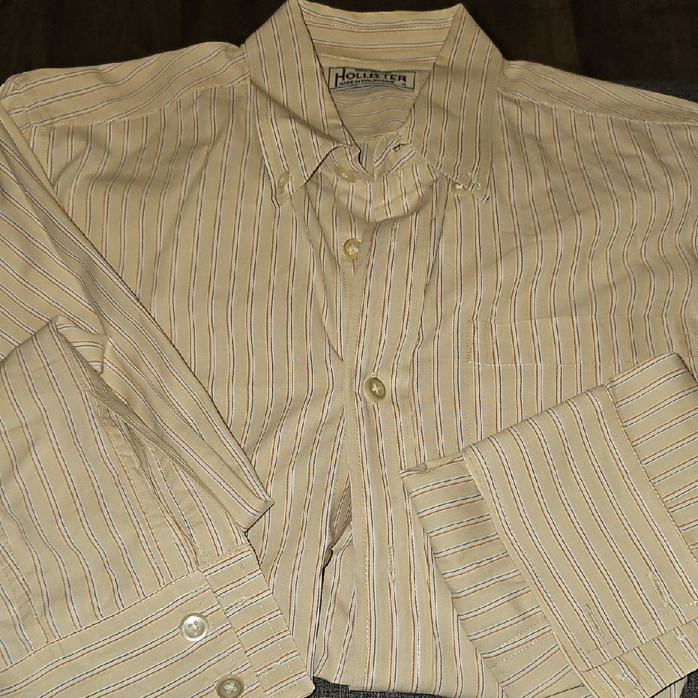 VINTAGE Hollister Men's Beige Striped Button Down Shirt Blue Burnt Orange Medium